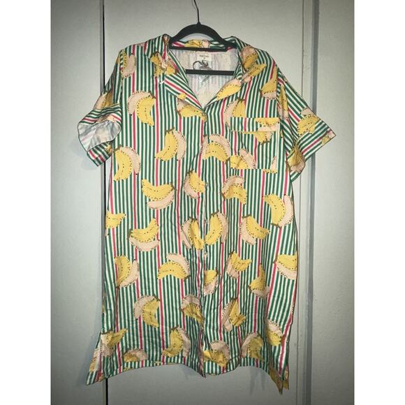 World Market long green stripe satin bananas nightshirt button up womens S/M pjs - Picture 4 of 6